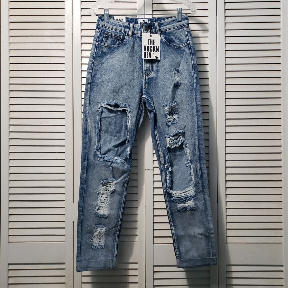 The Rockn Rev What Goes On‎ Mom Jean Women's Size 4 Blue Distressed Straight Leg